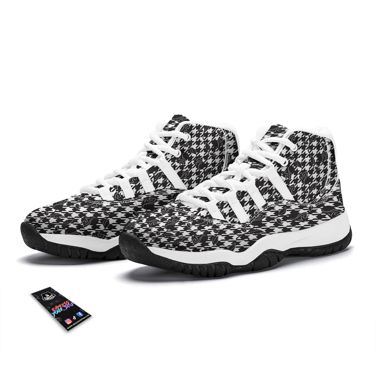 Houndstooth And Black Rose Print Pattern White Bball Shoes-grizzshop