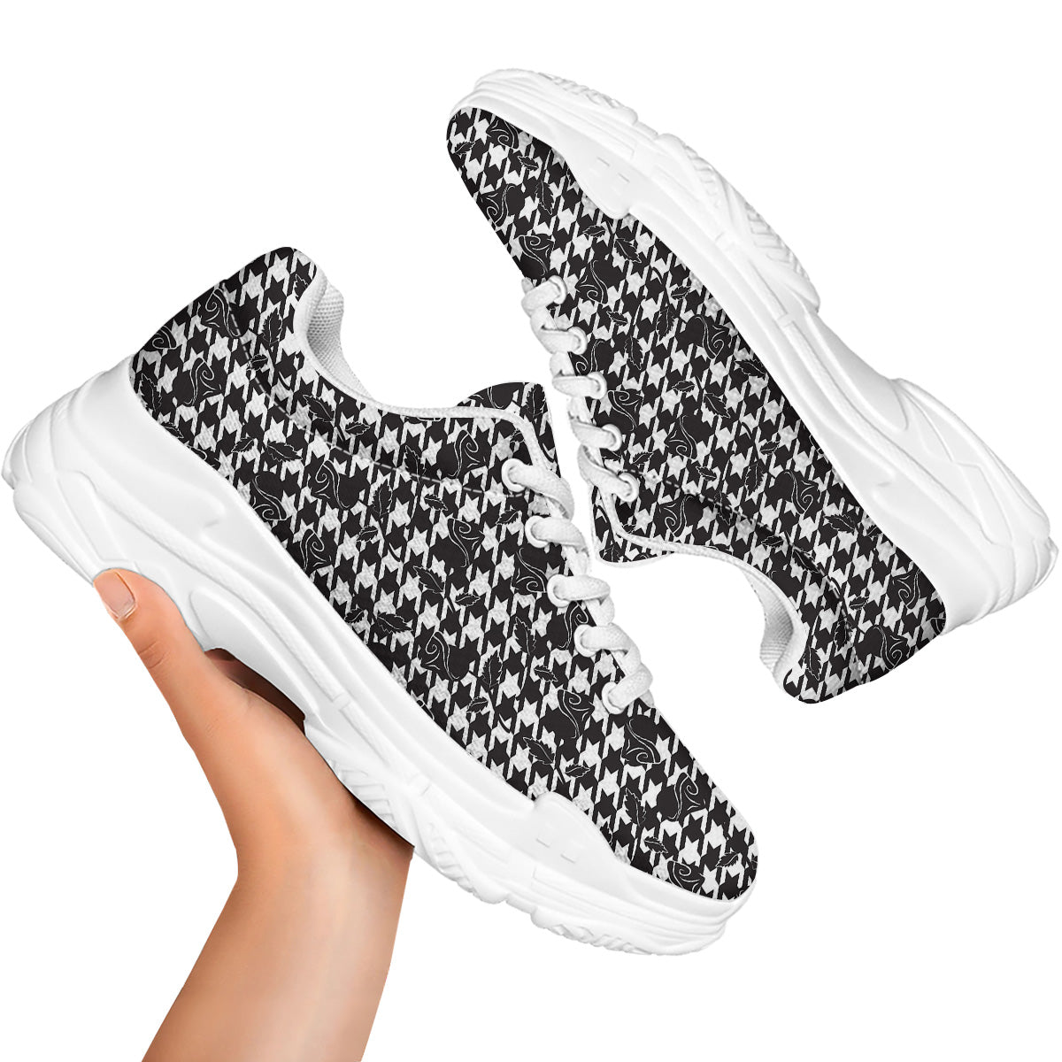Houndstooth And Black Rose Print Pattern White Chunky Shoes-grizzshop