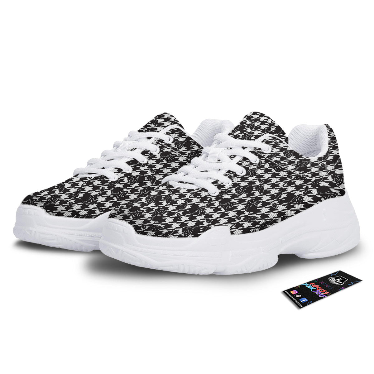 Houndstooth And Black Rose Print Pattern White Chunky Shoes-grizzshop