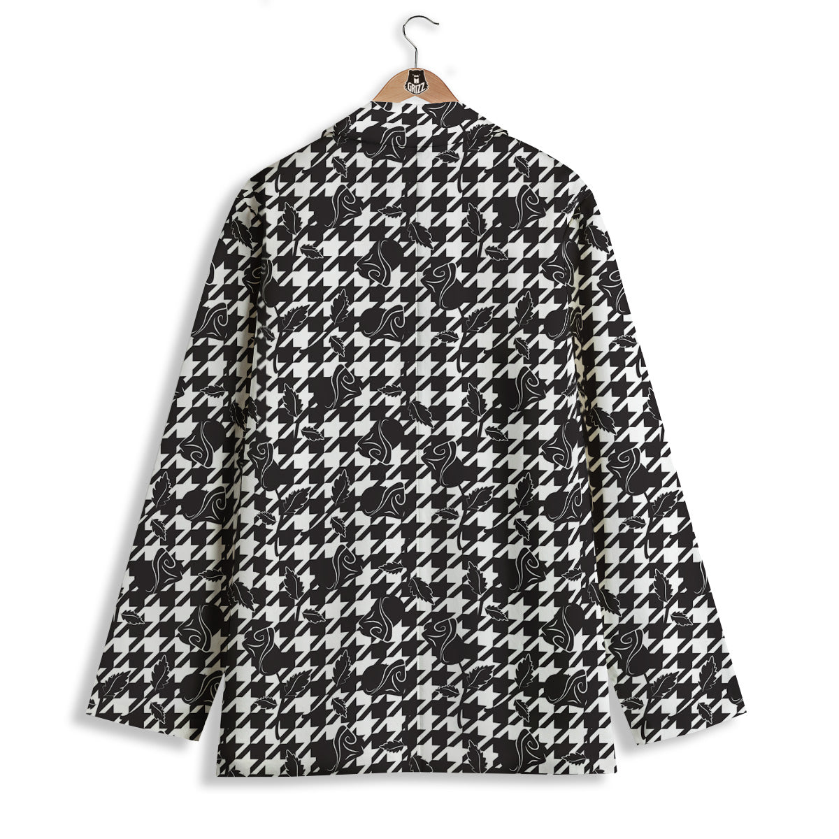 Houndstooth And Black Rose Print Pattern Women's Blazer-grizzshop