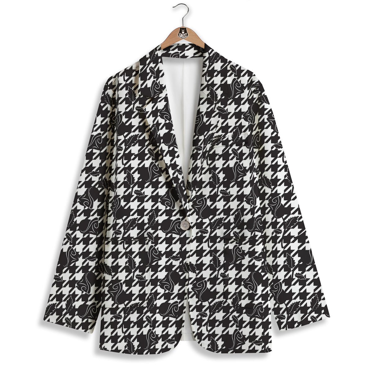 Houndstooth And Black Rose Print Pattern Women's Blazer-grizzshop