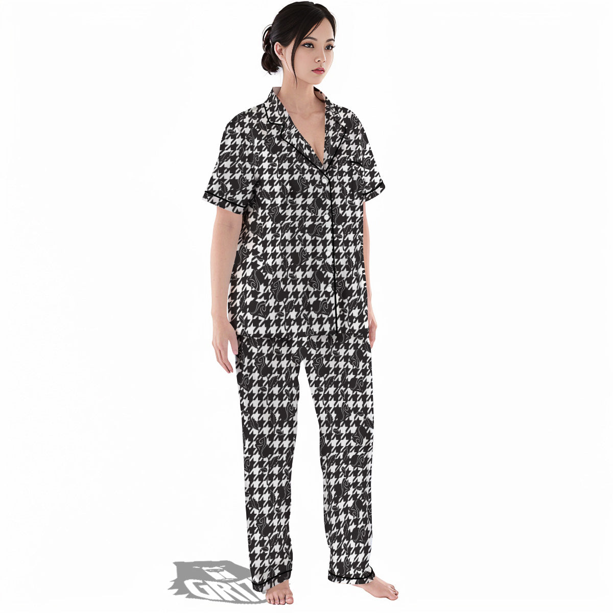 Houndstooth And Black Rose Print Pattern Women's Pajamas Set-grizzshop