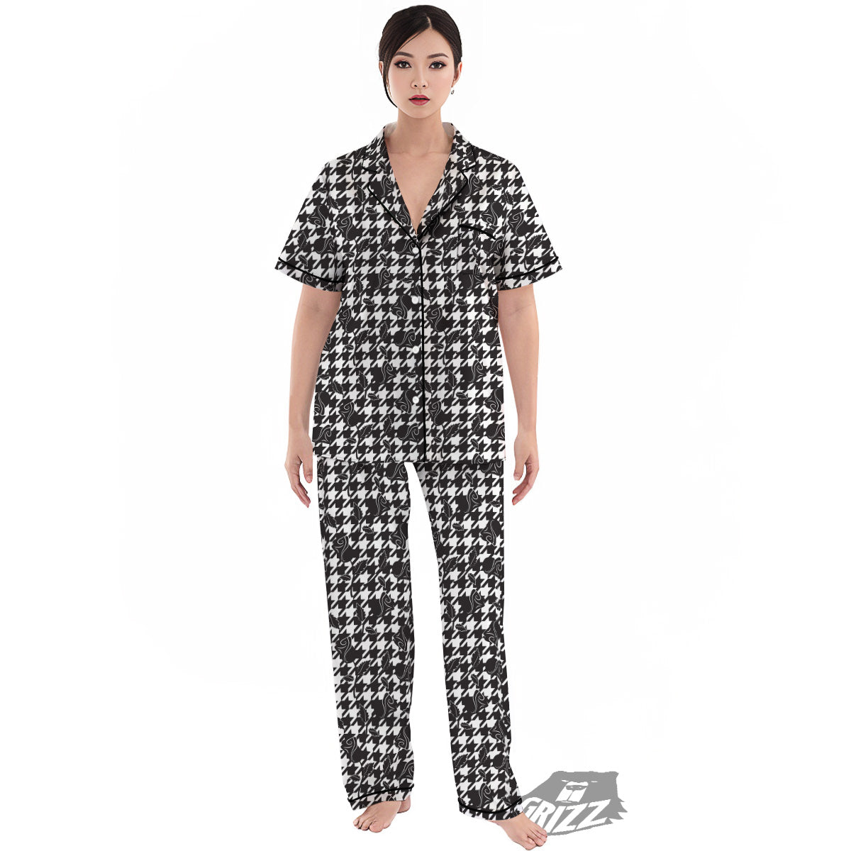 Houndstooth And Black Rose Print Pattern Women's Pajamas Set-grizzshop