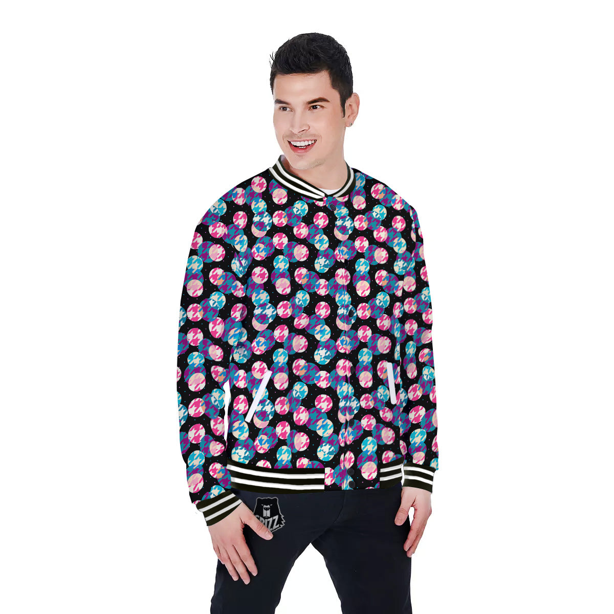 Houndstooth And Classic Polka Dot Print Pattern Baseball Jacket-grizzshop