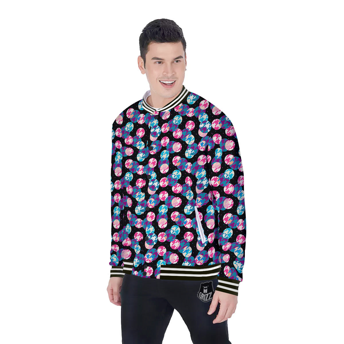 Houndstooth And Classic Polka Dot Print Pattern Baseball Jacket-grizzshop