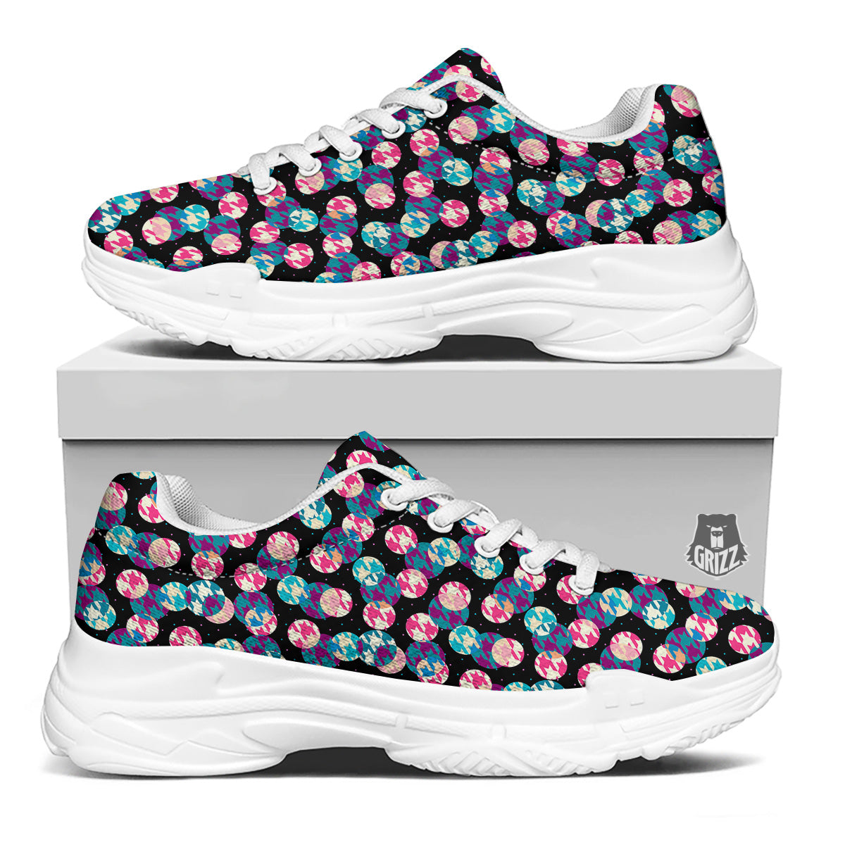 Houndstooth And Classic Polka Dot Print Pattern White Chunky Shoes-grizzshop