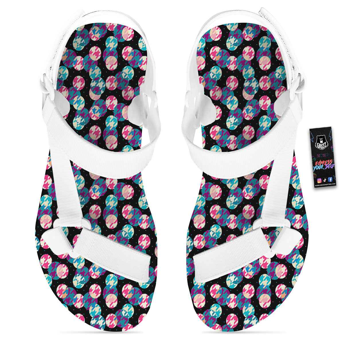Houndstooth And Classic Polka Dot Print Pattern White Open Toe Sandals-grizzshop