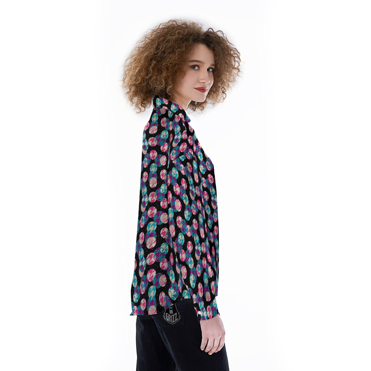 Houndstooth And Classic Polka Dot Print Pattern Women's Long Sleeve Shirts-grizzshop