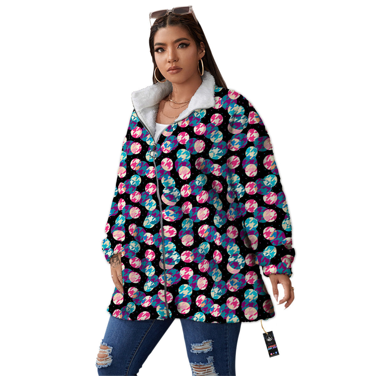 Houndstooth And Classic Polka Dot Print Pattern Women's Sherpa Jacket-grizzshop