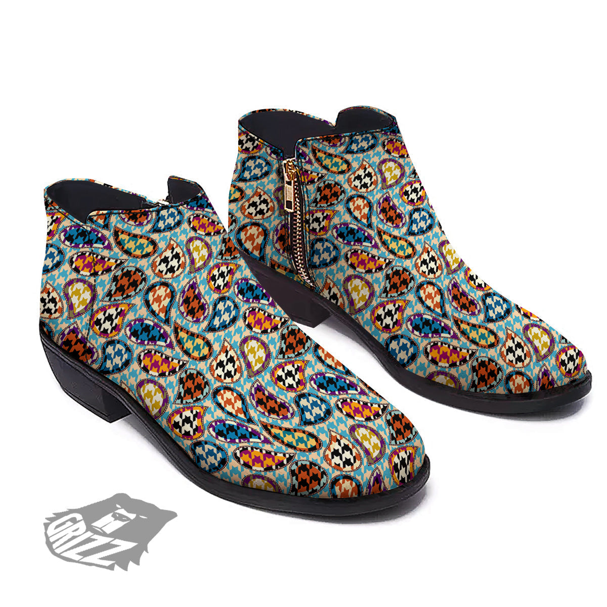 Houndstooth And Paisley Print Pattern Ankle Boots-grizzshop