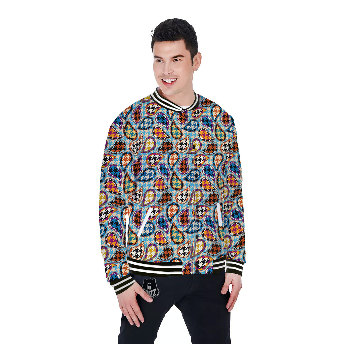 Houndstooth And Paisley Print Pattern Baseball Jacket-grizzshop