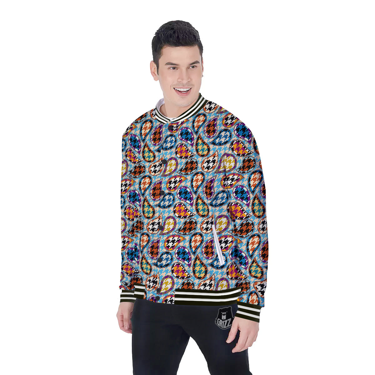 Houndstooth And Paisley Print Pattern Baseball Jacket-grizzshop