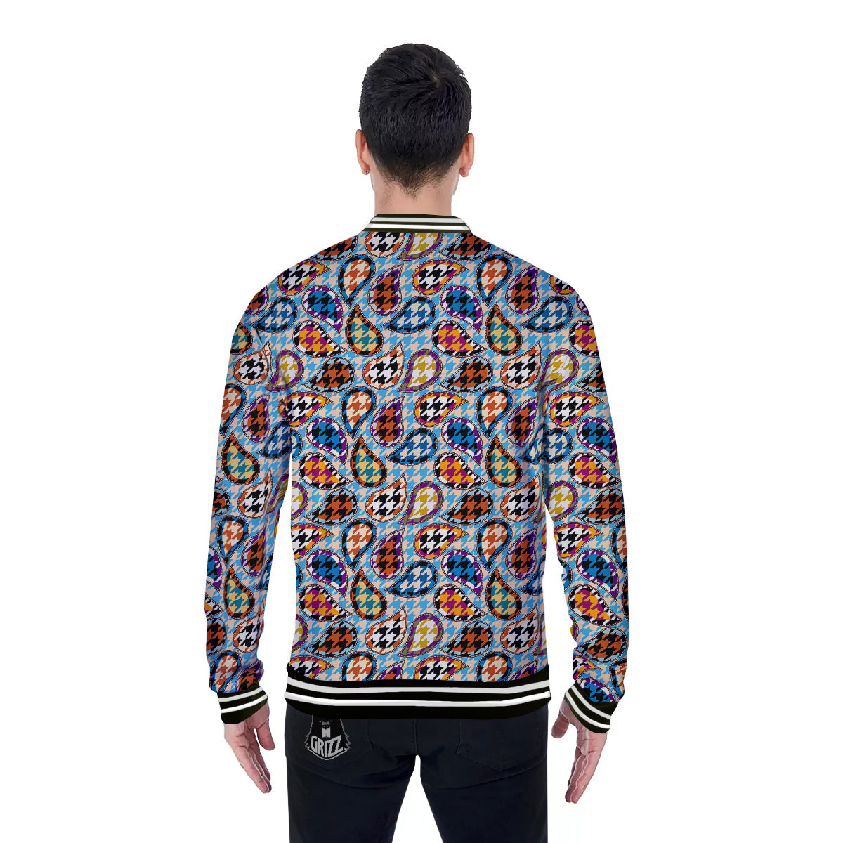 Houndstooth And Paisley Print Pattern Baseball Jacket-grizzshop