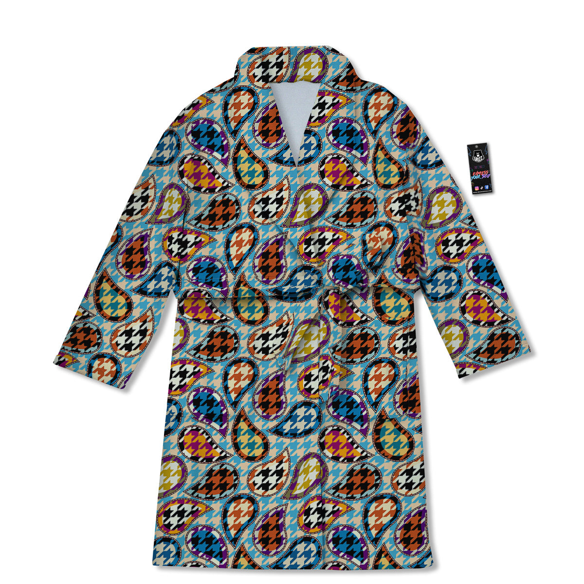 Houndstooth And Paisley Print Pattern Bathrobe-grizzshop