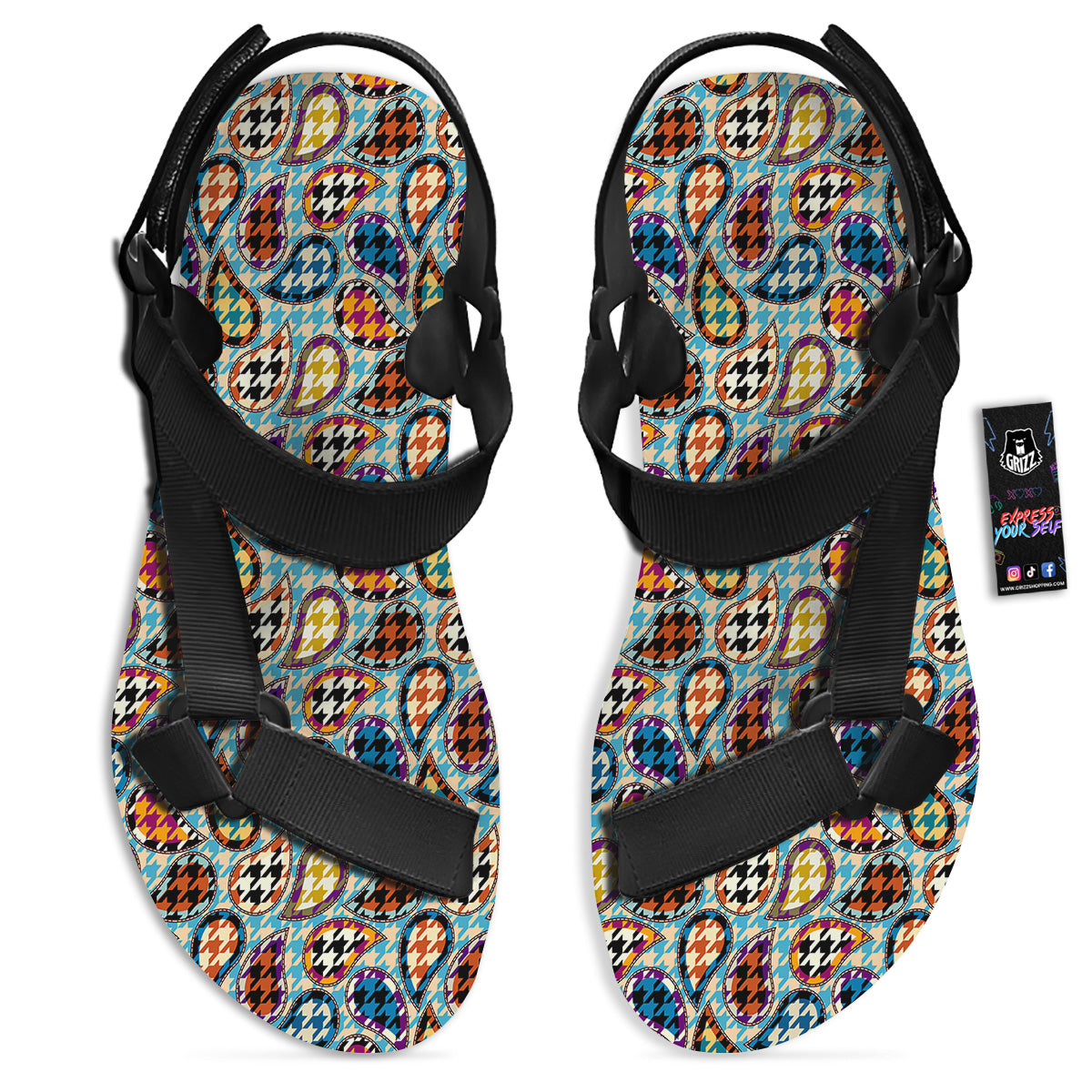 Houndstooth And Paisley Print Pattern Black Open Toe Sandals-grizzshop