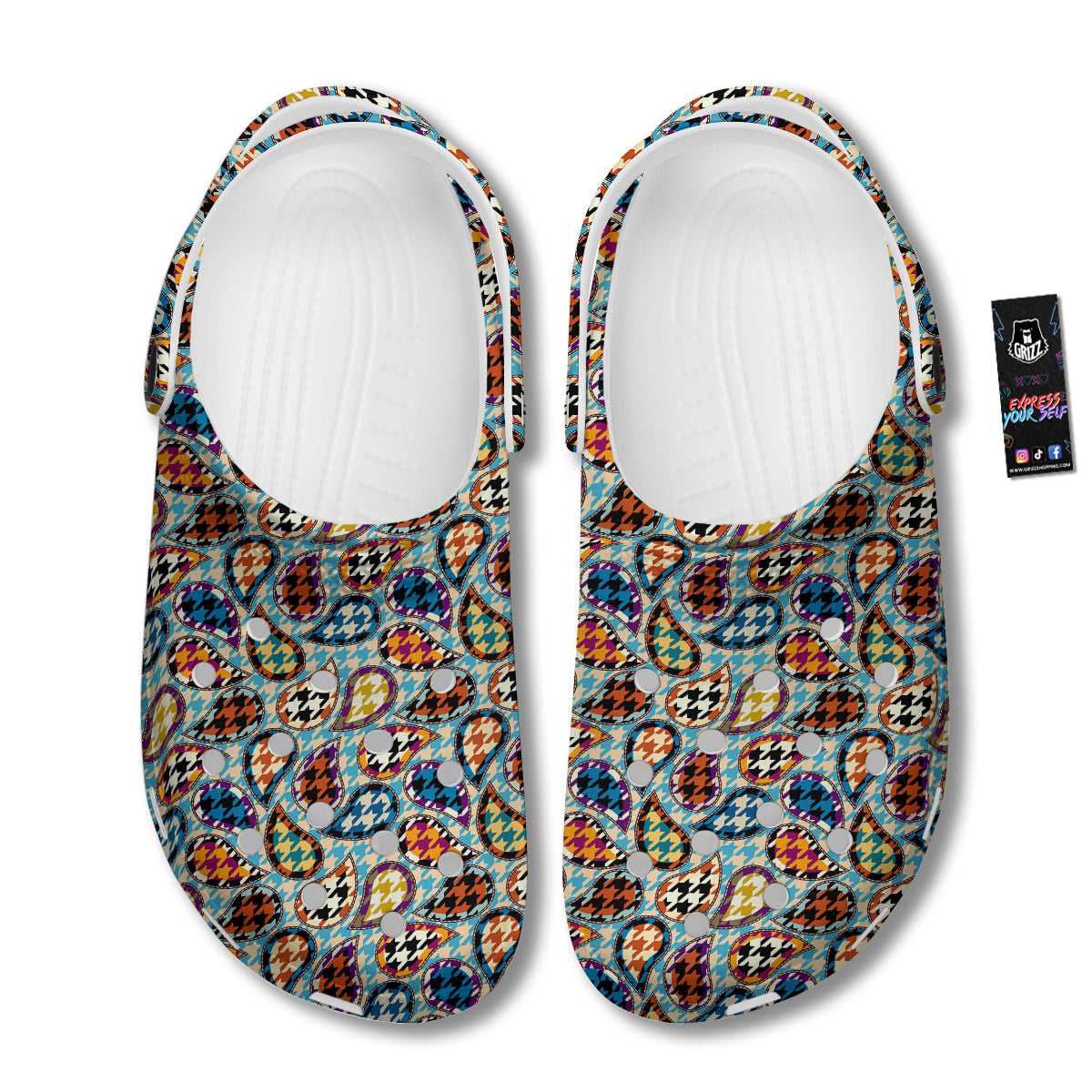 Houndstooth And Paisley Print Pattern Clog-grizzshop