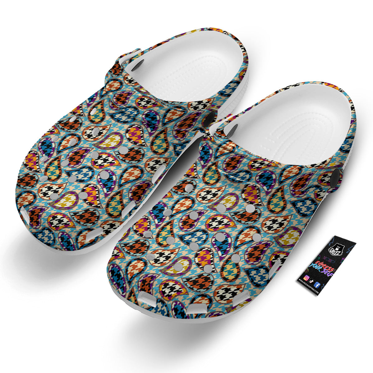 Houndstooth And Paisley Print Pattern Clog-grizzshop