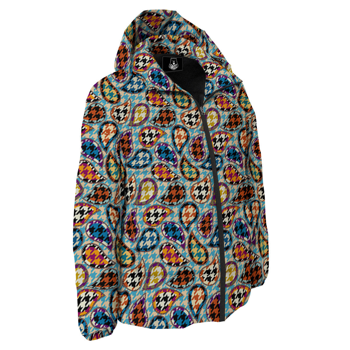 Houndstooth And Paisley Print Pattern Down Jacket-grizzshop