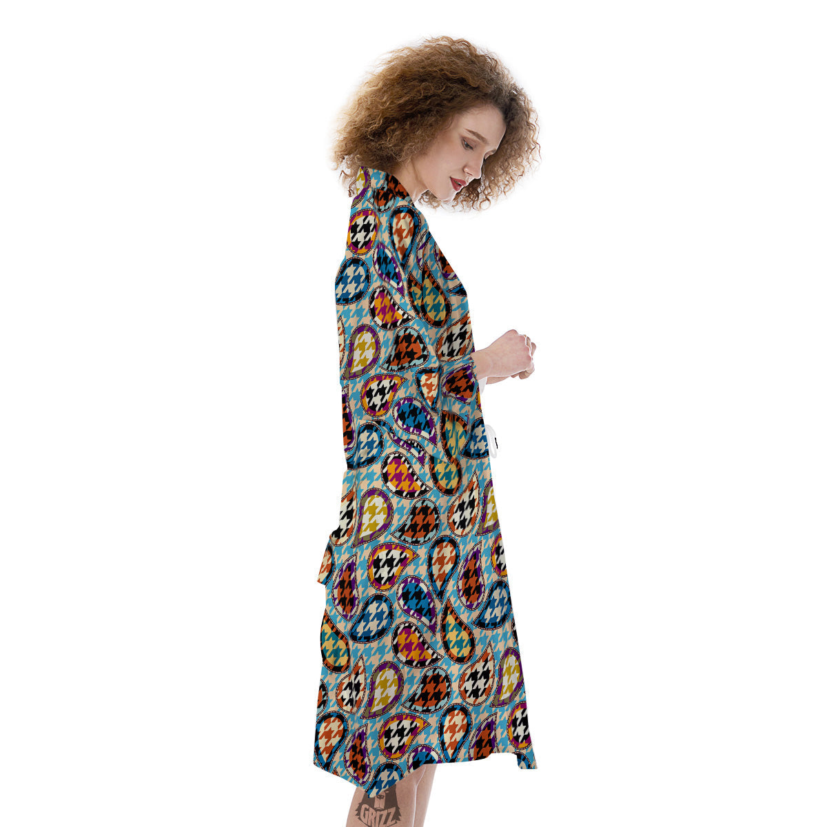 Houndstooth And Paisley Print Pattern Kimono-grizzshop
