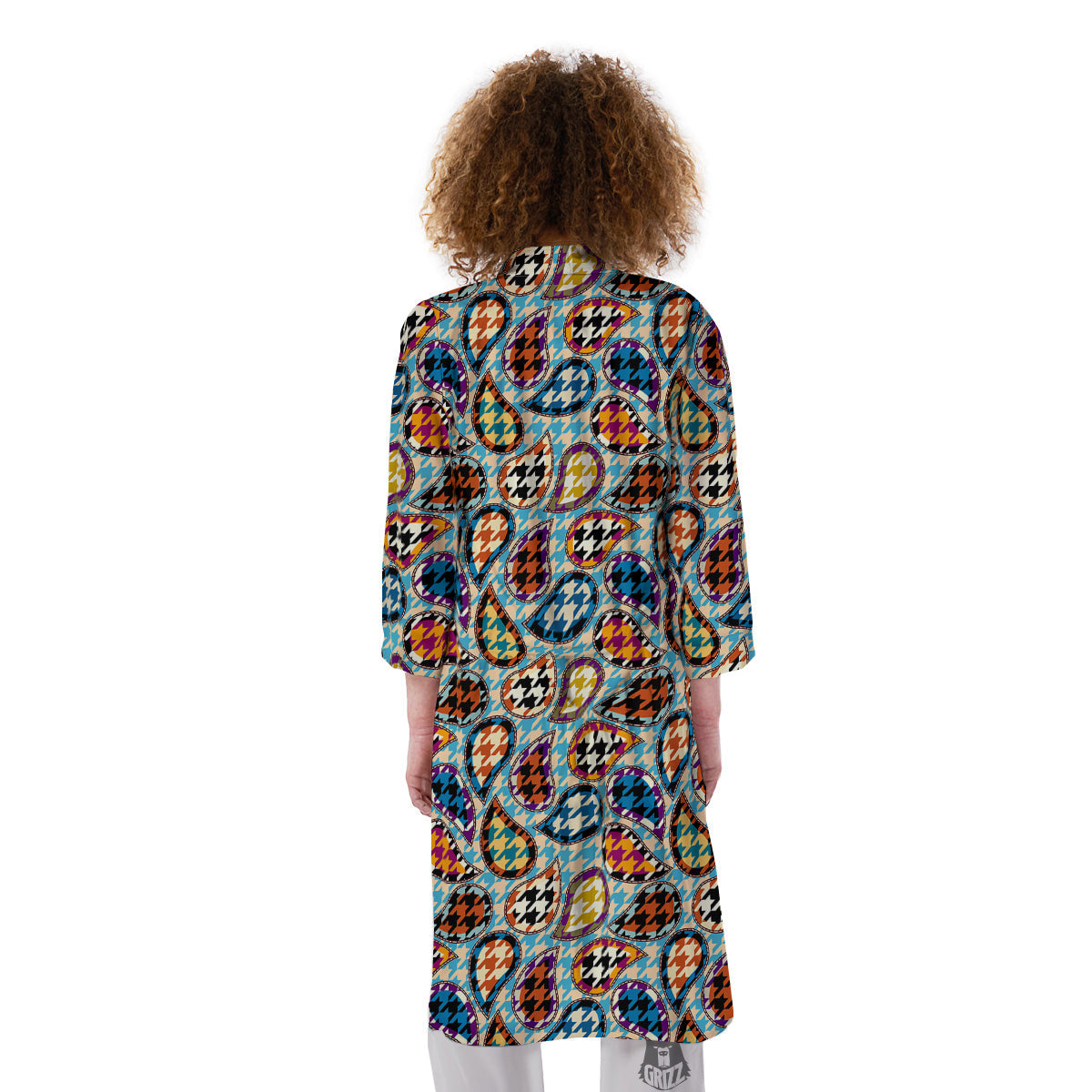 Houndstooth And Paisley Print Pattern Kimono-grizzshop