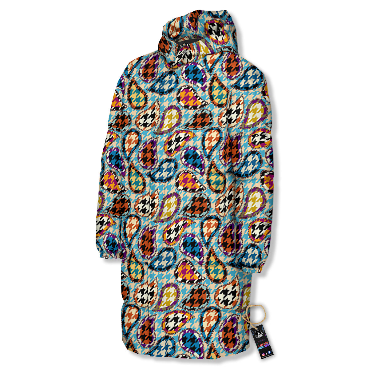 Houndstooth And Paisley Print Pattern Long Down Jacket-grizzshop