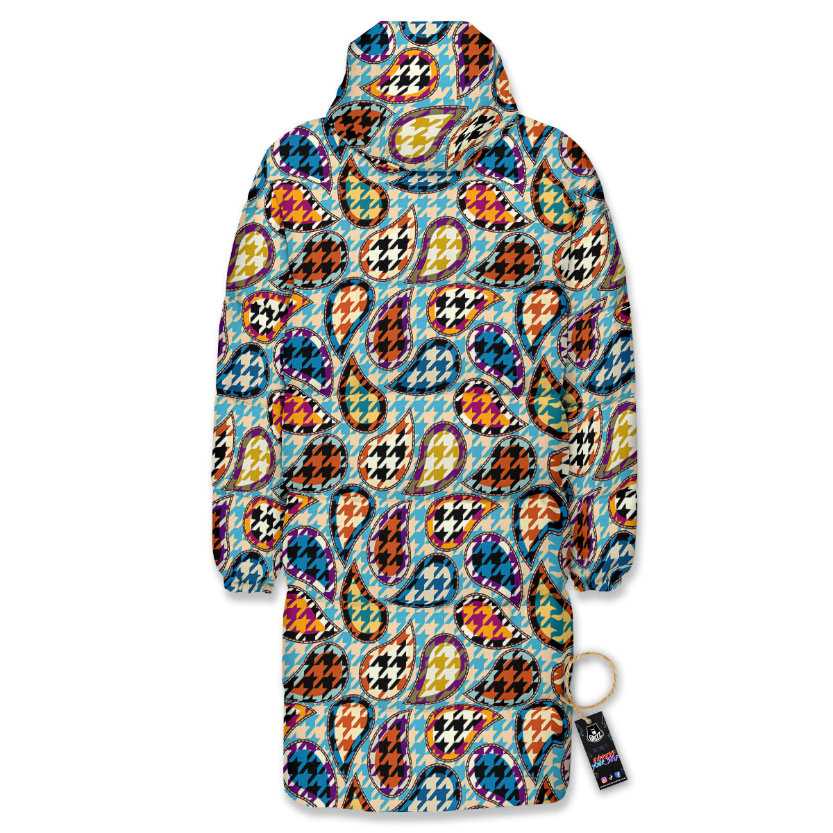 Houndstooth And Paisley Print Pattern Long Down Jacket-grizzshop