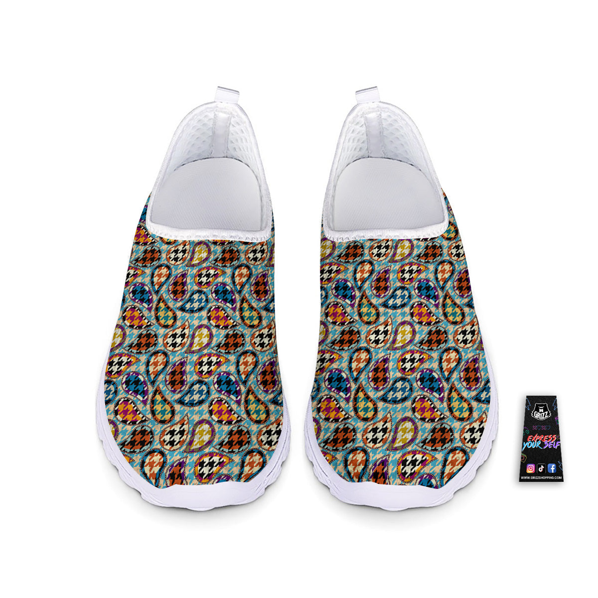 Houndstooth And Paisley Print Pattern Nurse Shoes-grizzshop
