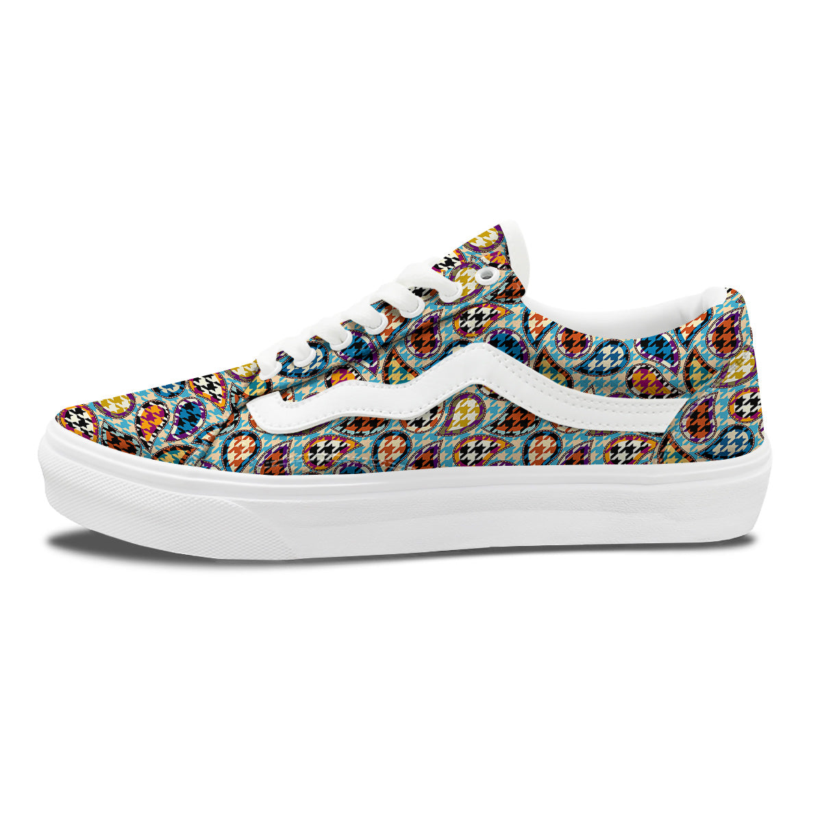 Houndstooth And Paisley Print Pattern Skate Shoes-grizzshop