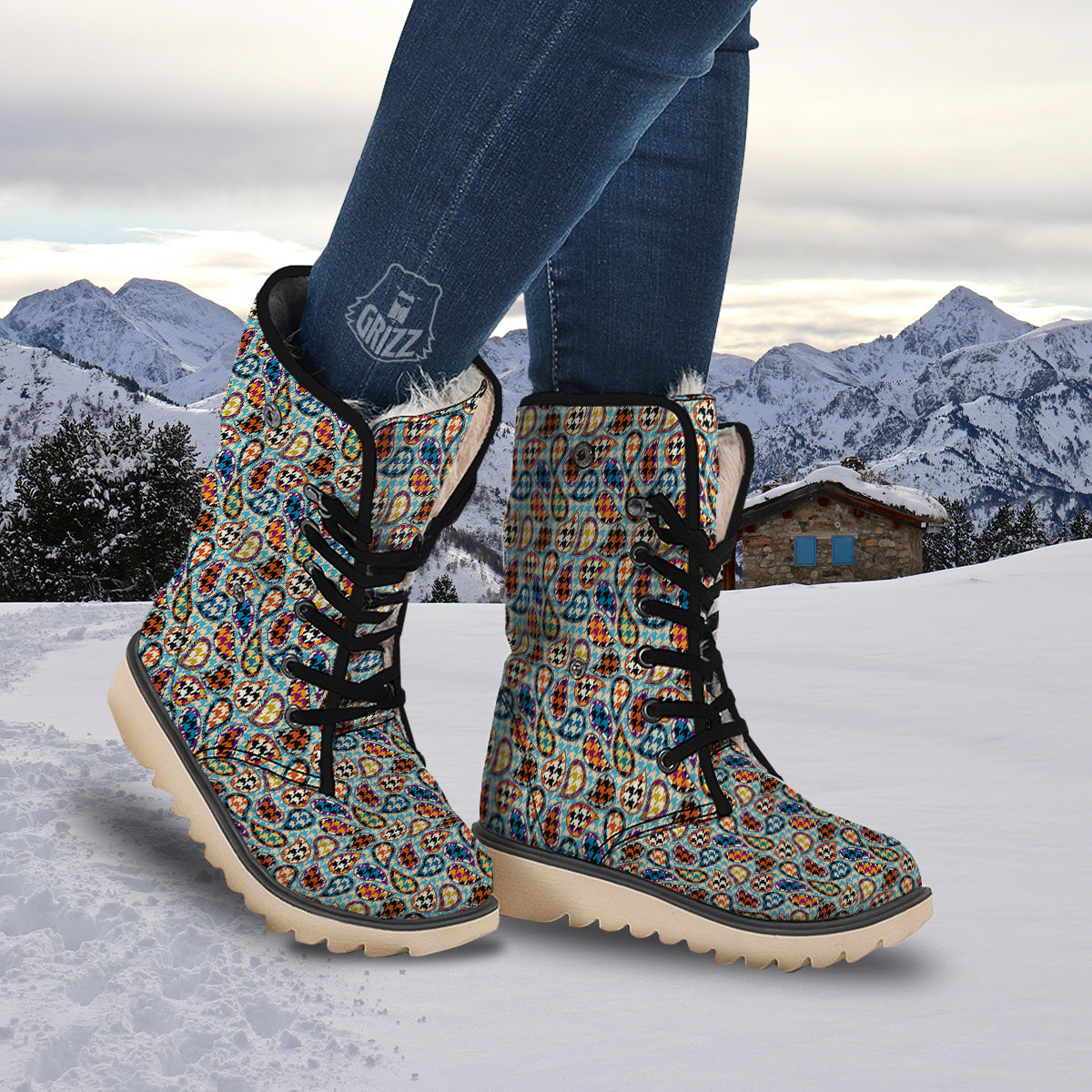Houndstooth And Paisley Print Pattern Snow Boots-grizzshop