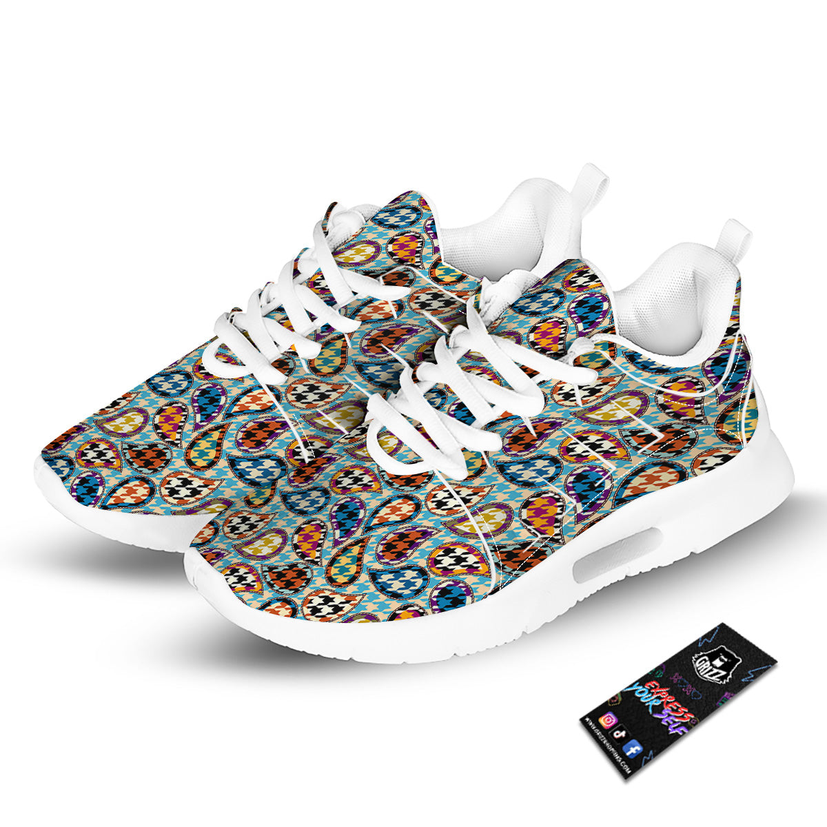 Houndstooth And Paisley Print Pattern Tennis Shoes-grizzshop
