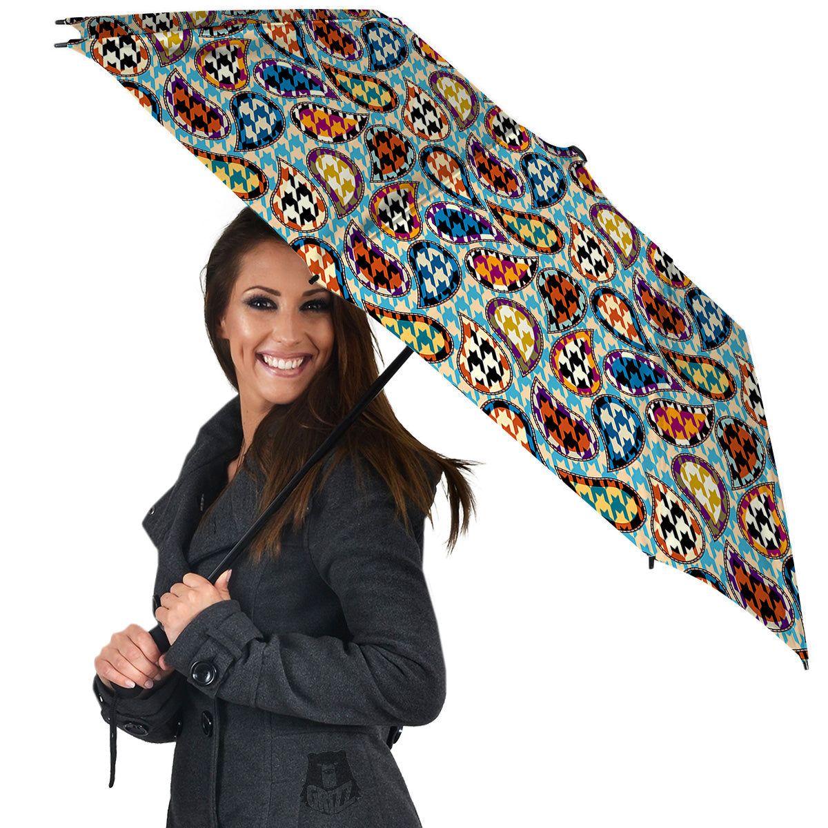 Houndstooth And Paisley Print Pattern Umbrella-grizzshop