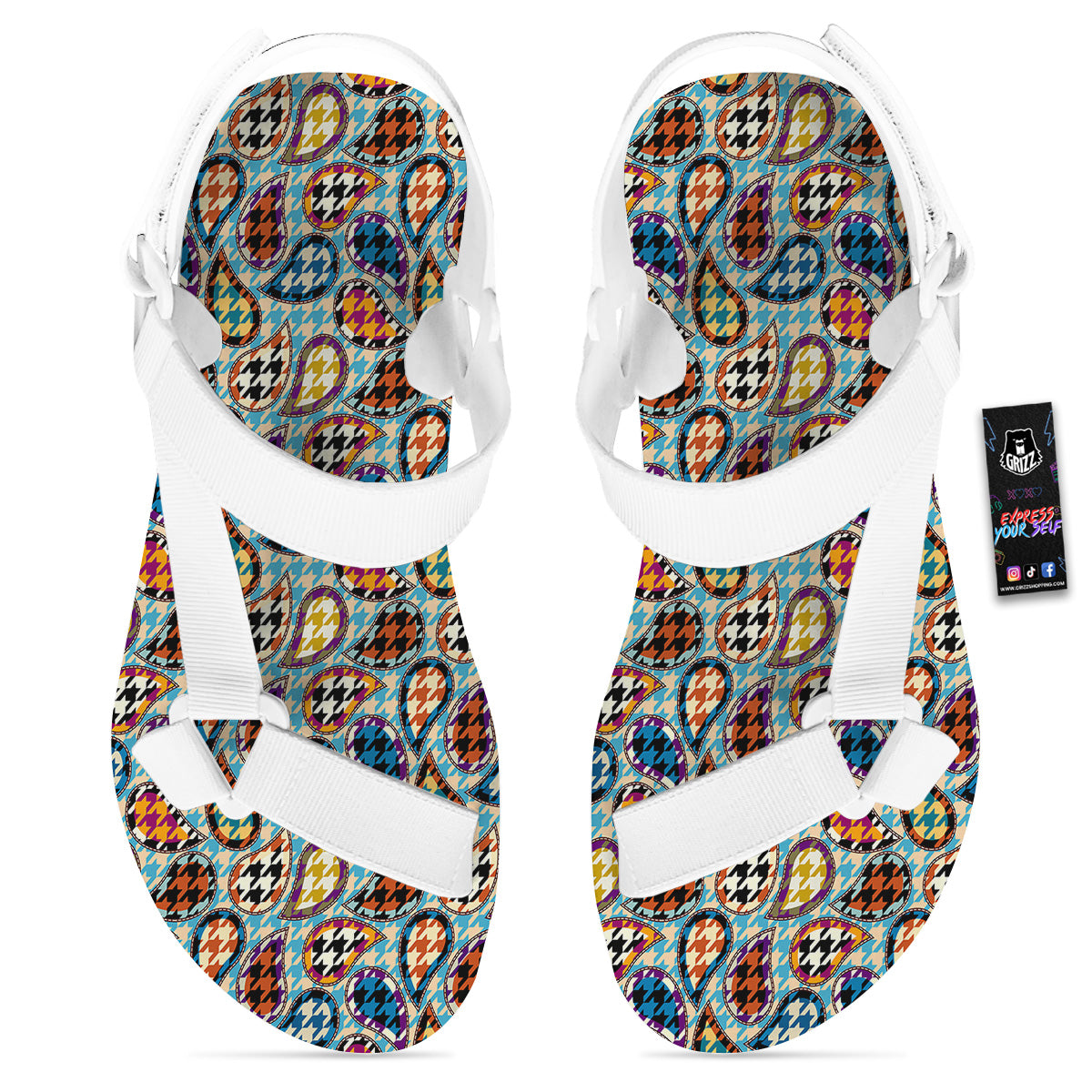 Houndstooth And Paisley Print Pattern White Open Toe Sandals-grizzshop