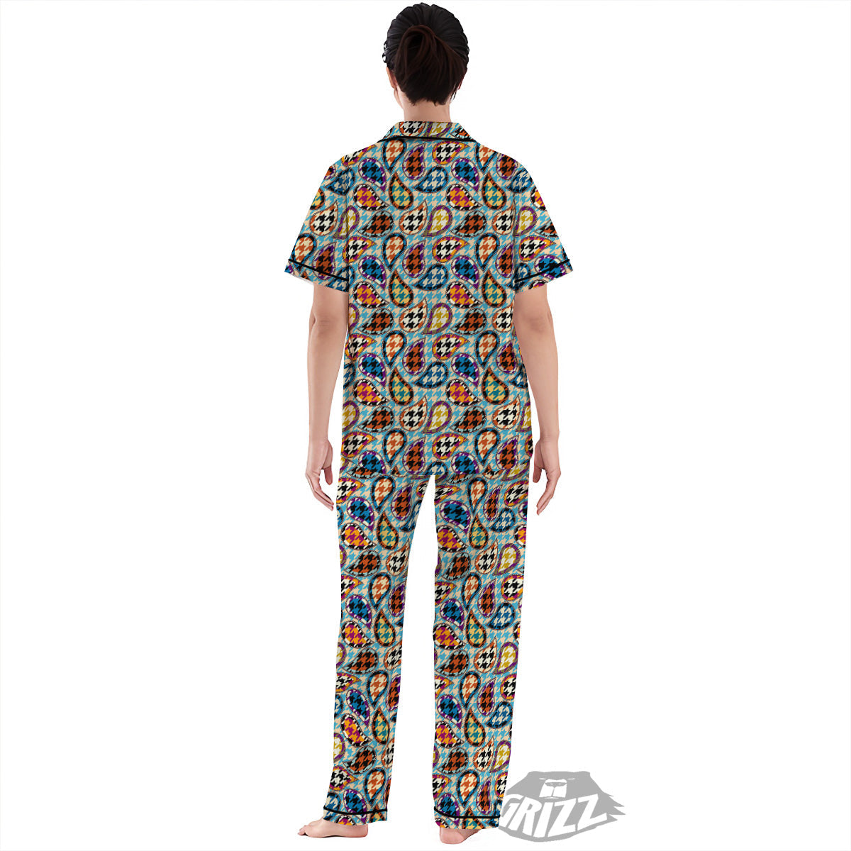 Houndstooth And Paisley Print Pattern Women's Pajamas Set-grizzshop