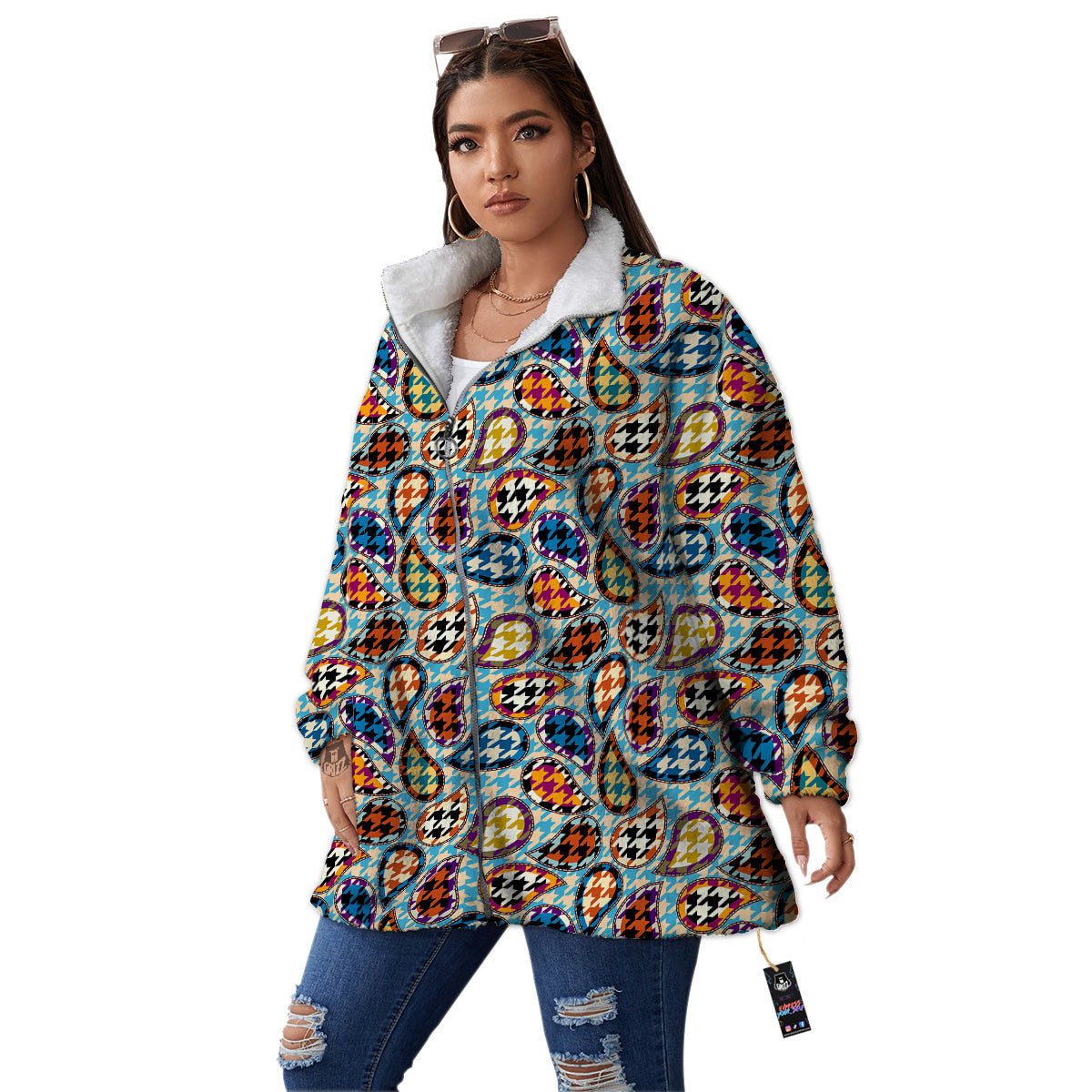 Houndstooth And Paisley Print Pattern Women's Sherpa Jacket-grizzshop