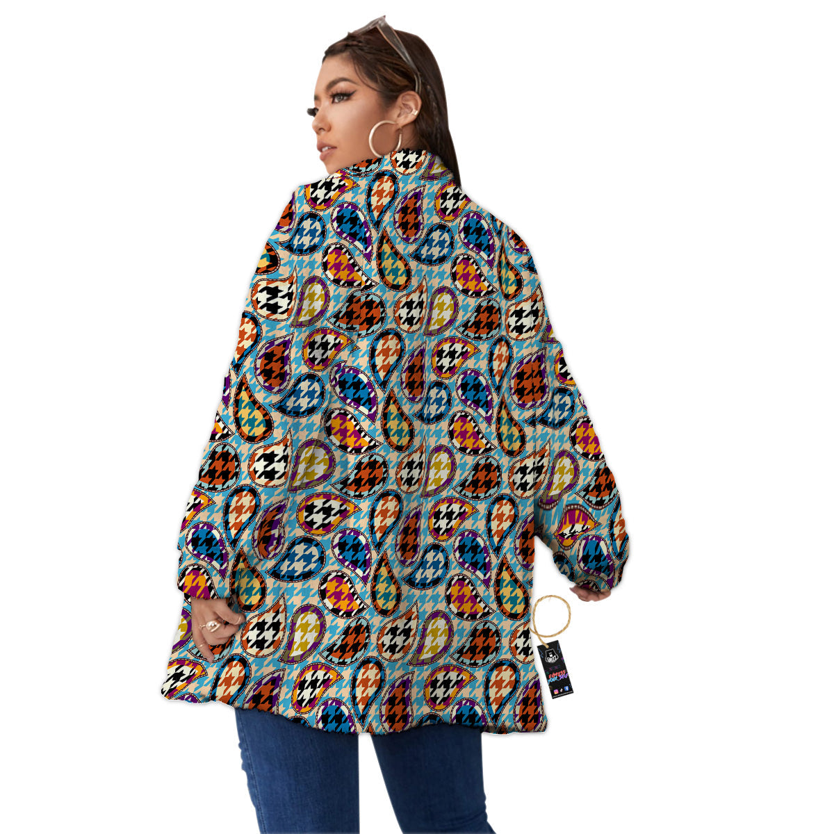 Houndstooth And Paisley Print Pattern Women's Sherpa Jacket-grizzshop