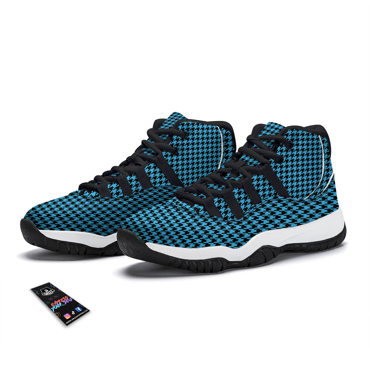 Houndstooth Black And Blue Print Black Bball Shoes-grizzshop