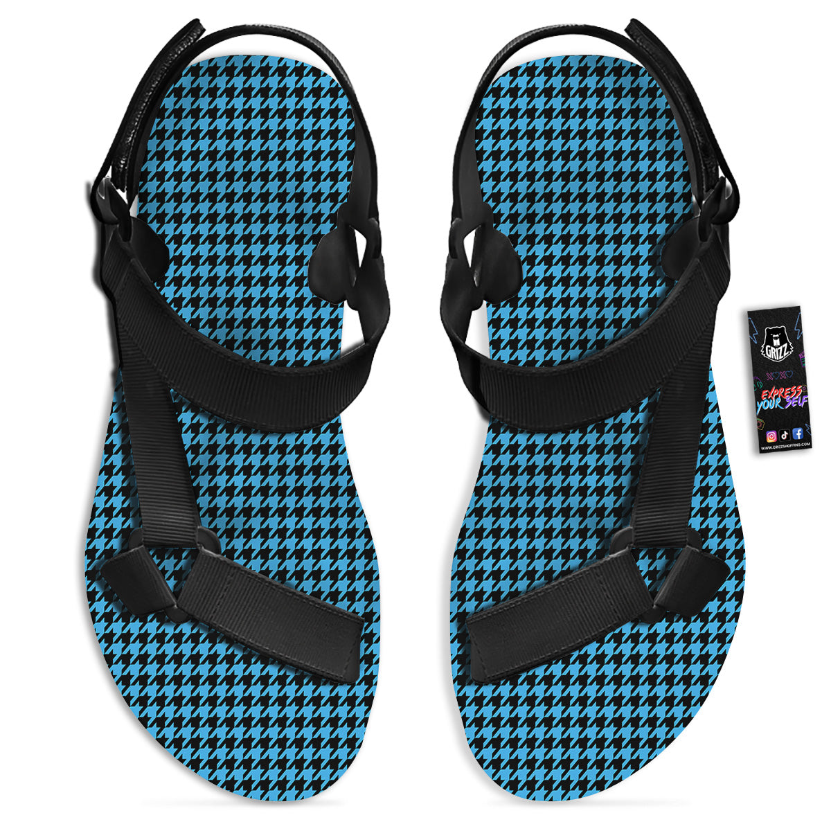 Houndstooth Black And Blue Print Black Open Toe Sandals-grizzshop