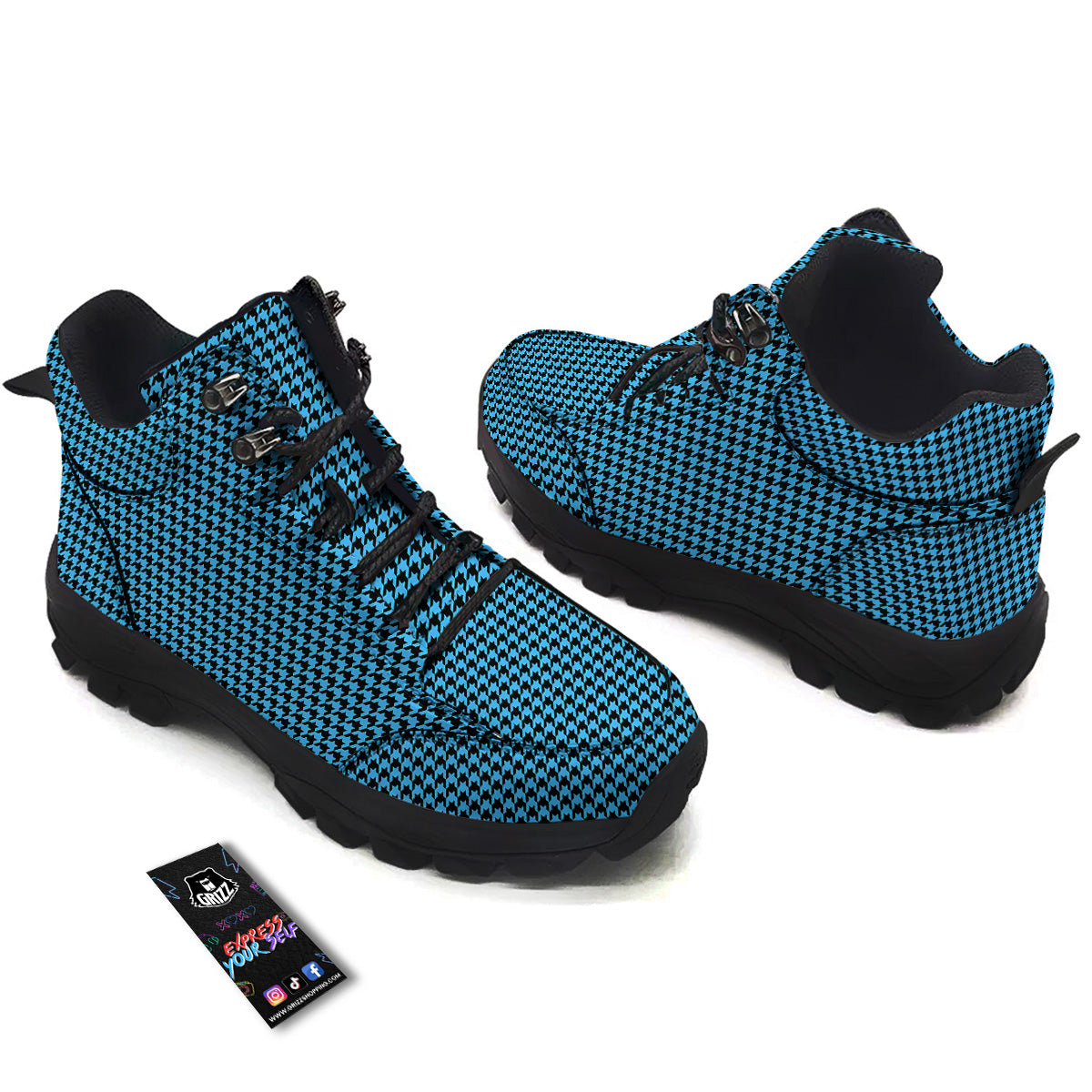 Houndstooth Black And Blue Print Hiking Shoes-grizzshop