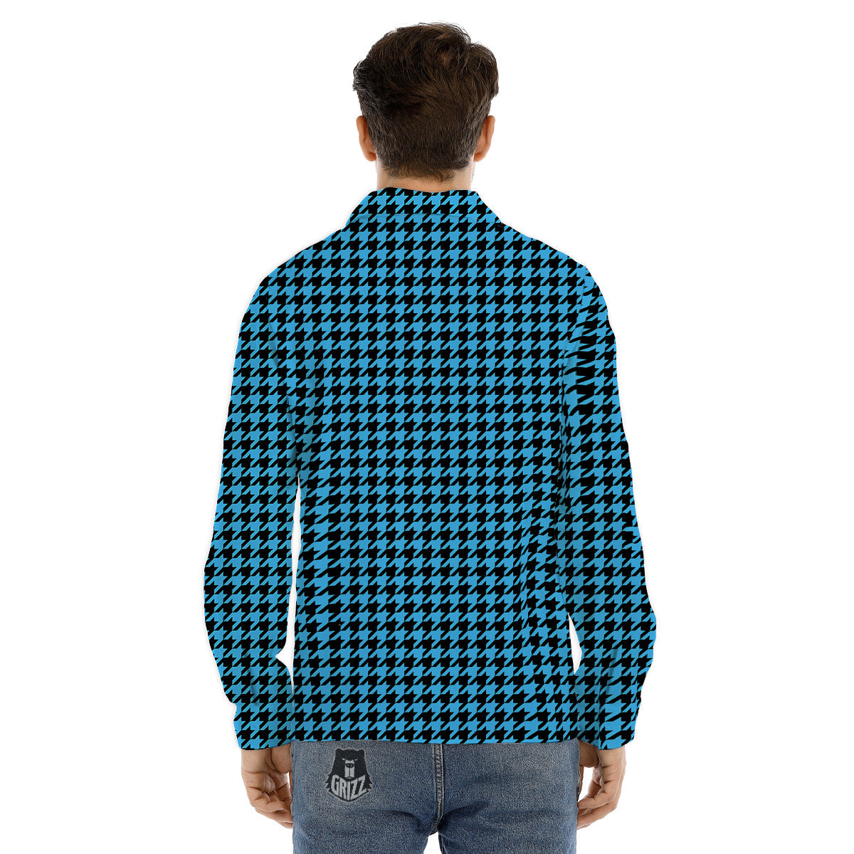 Houndstooth Black And Blue Print Men's Dress Shirts-grizzshop
