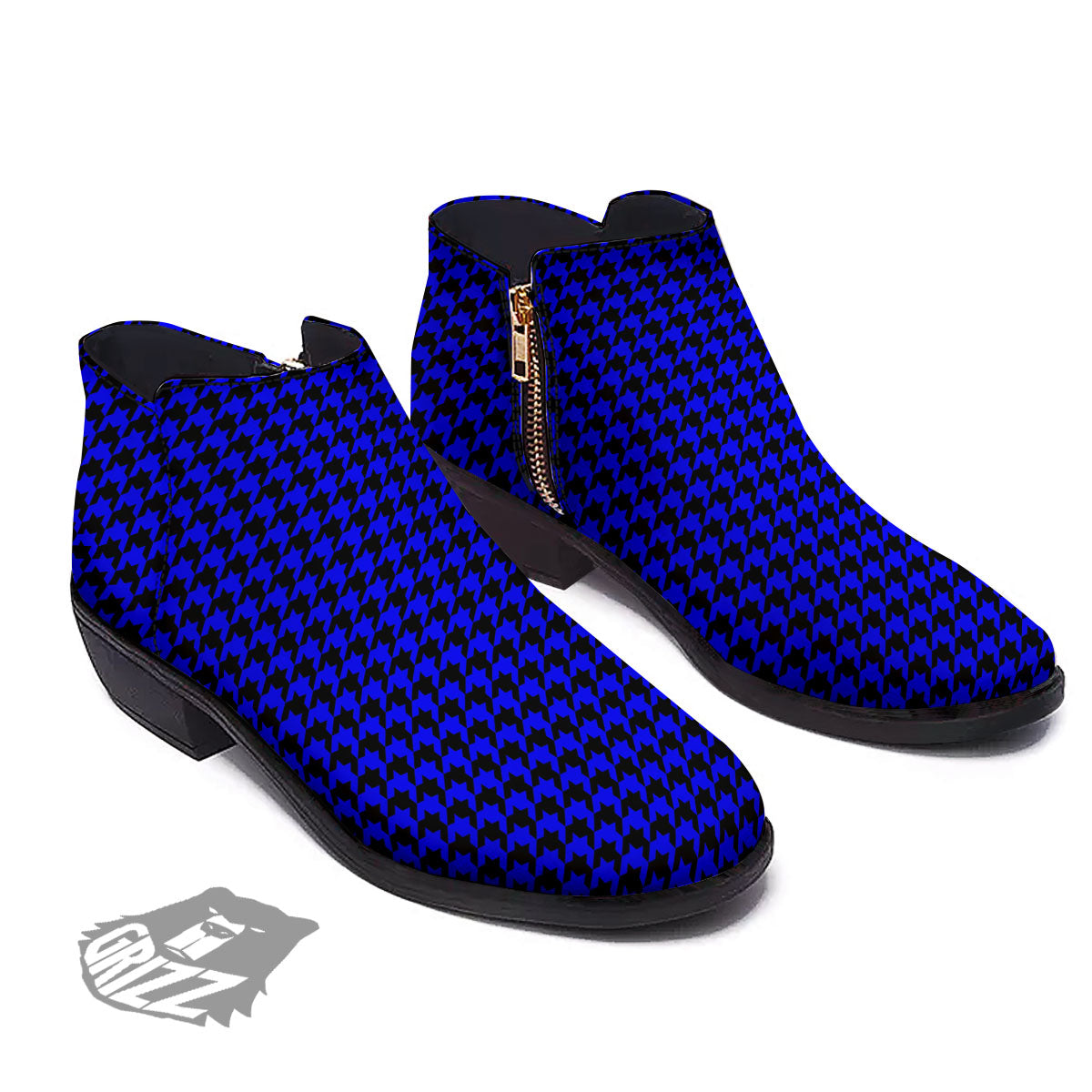 Houndstooth Black And Blue Print Pattern Ankle Boots-grizzshop