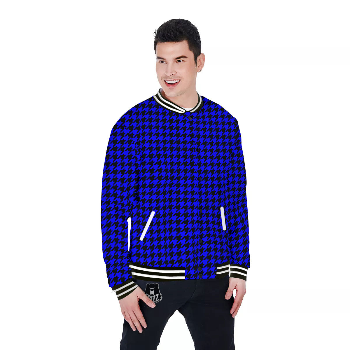Houndstooth Black And Blue Print Pattern Baseball Jacket-grizzshop