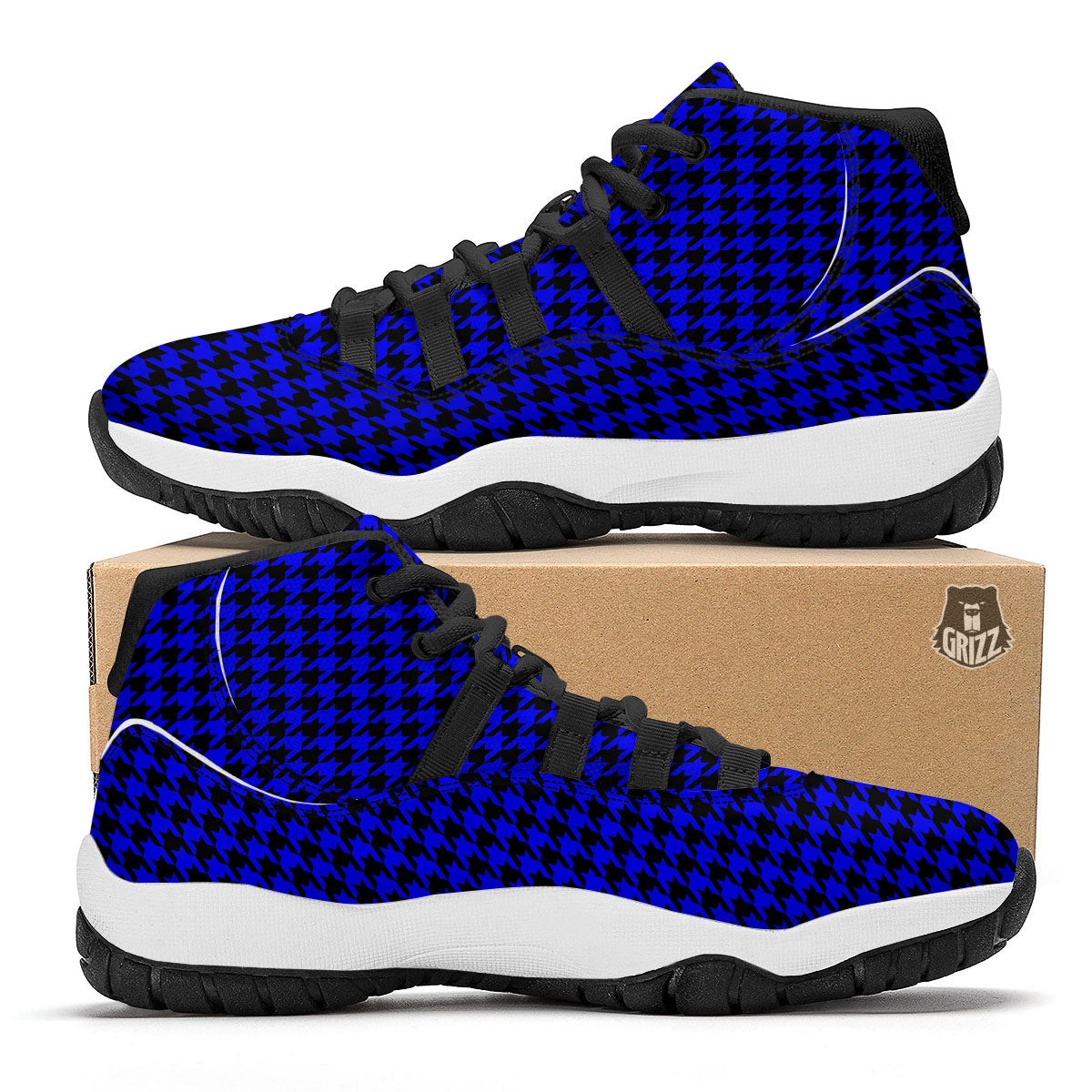 Houndstooth Black And Blue Print Pattern Black Bball Shoes-grizzshop