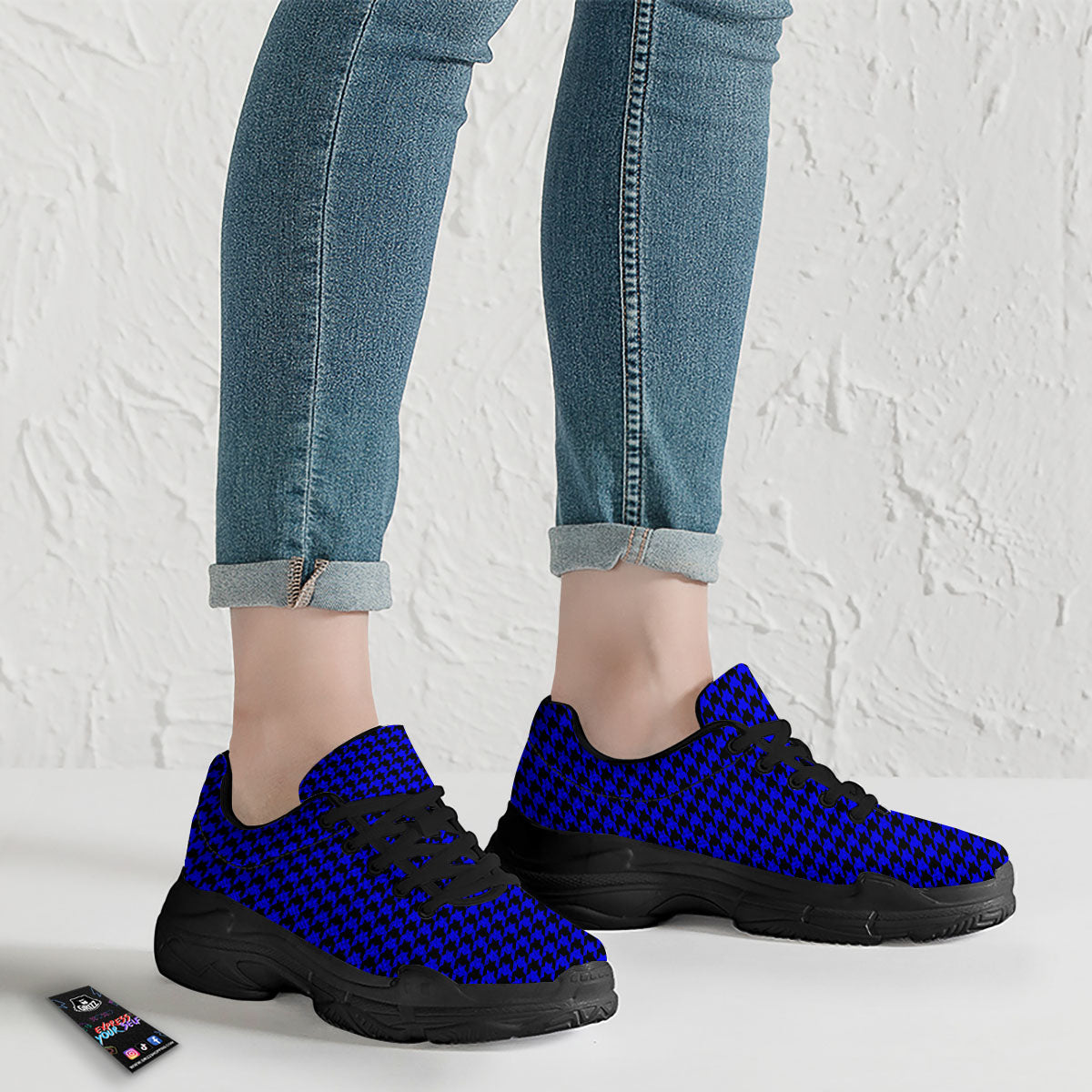 Houndstooth Black And Blue Print Pattern Black Chunky Shoes-grizzshop