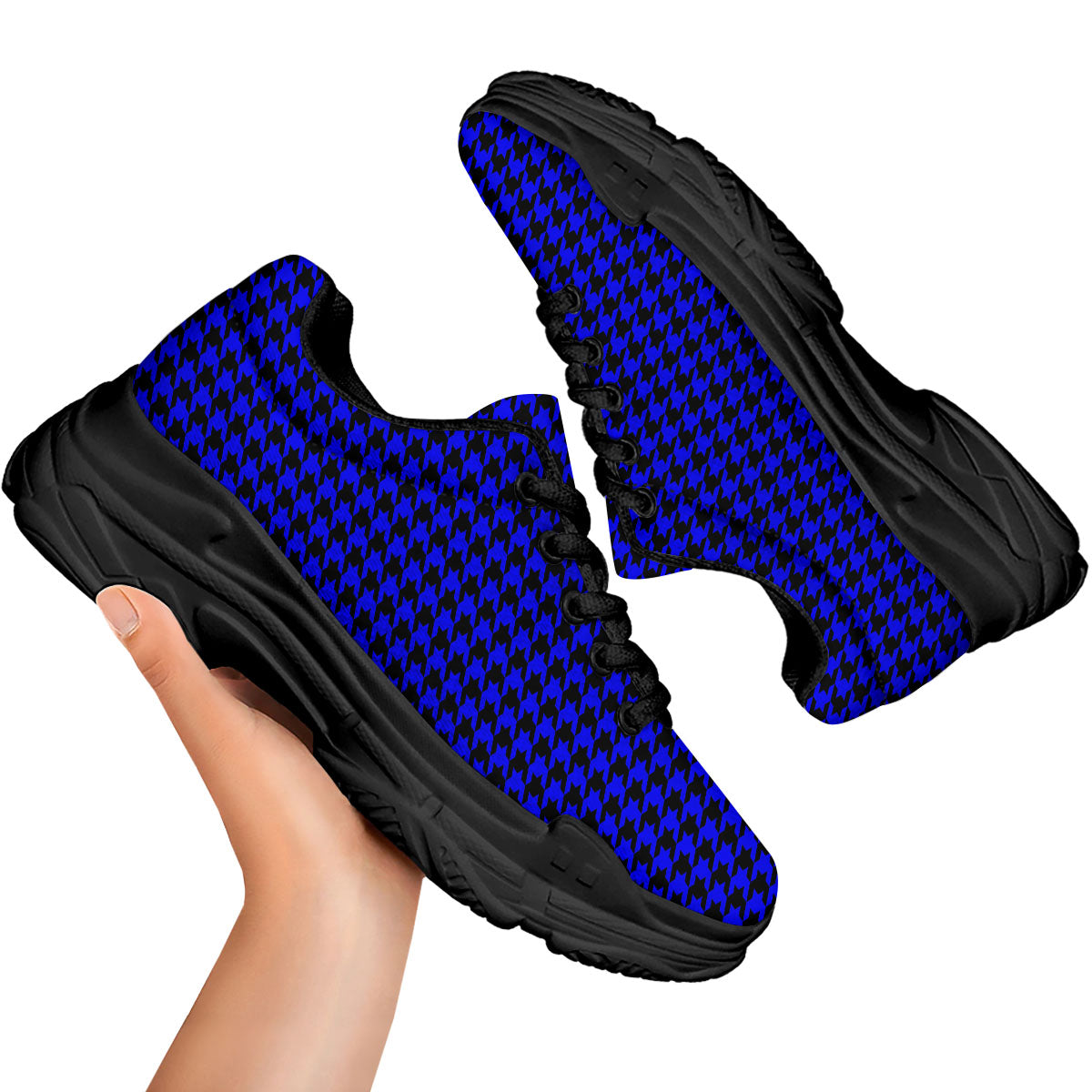 Houndstooth Black And Blue Print Pattern Black Chunky Shoes-grizzshop