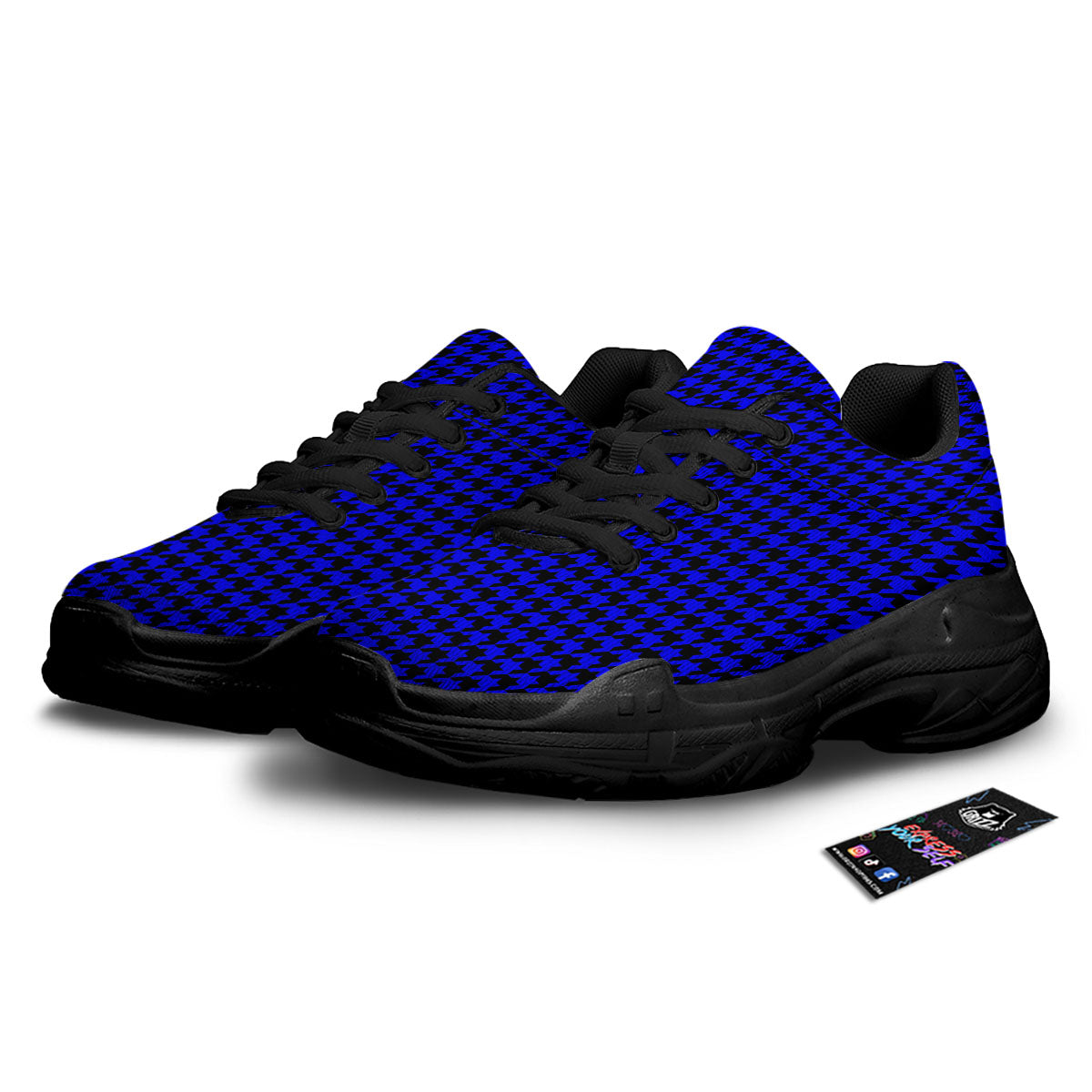 Houndstooth Black And Blue Print Pattern Black Chunky Shoes-grizzshop