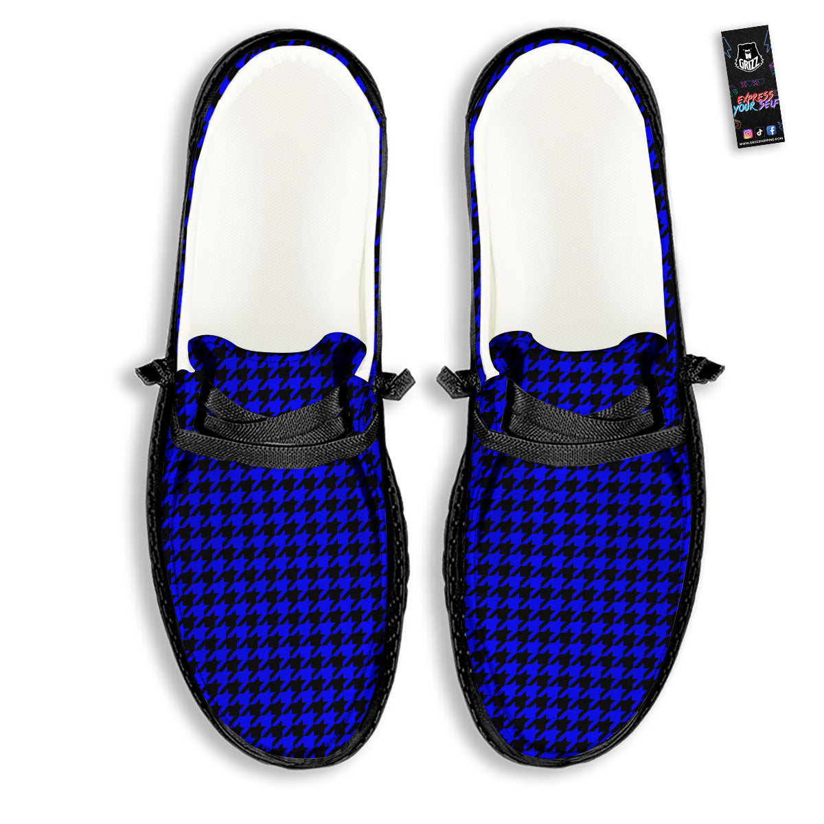 Houndstooth Black And Blue Print Pattern Black Loafers-grizzshop