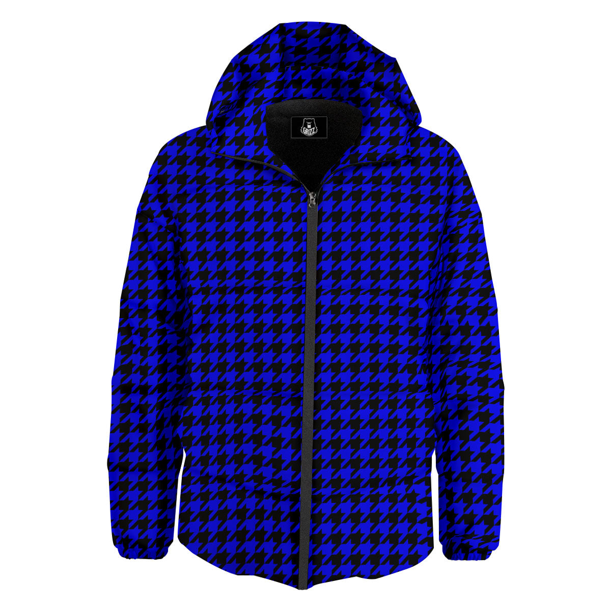 Houndstooth Black And Blue Print Pattern Down Jacket-grizzshop