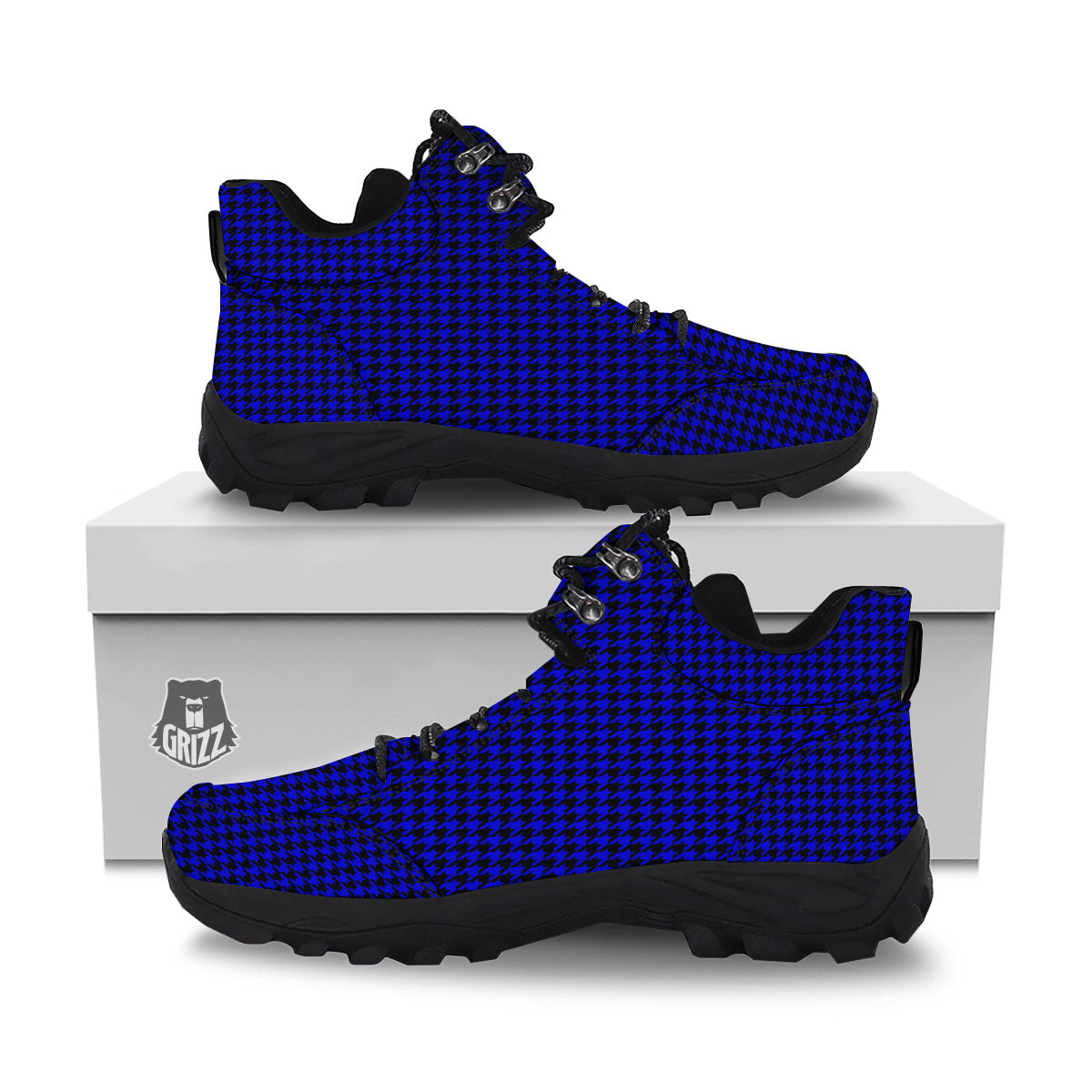 Houndstooth Black And Blue Print Pattern Hiking Shoes-grizzshop