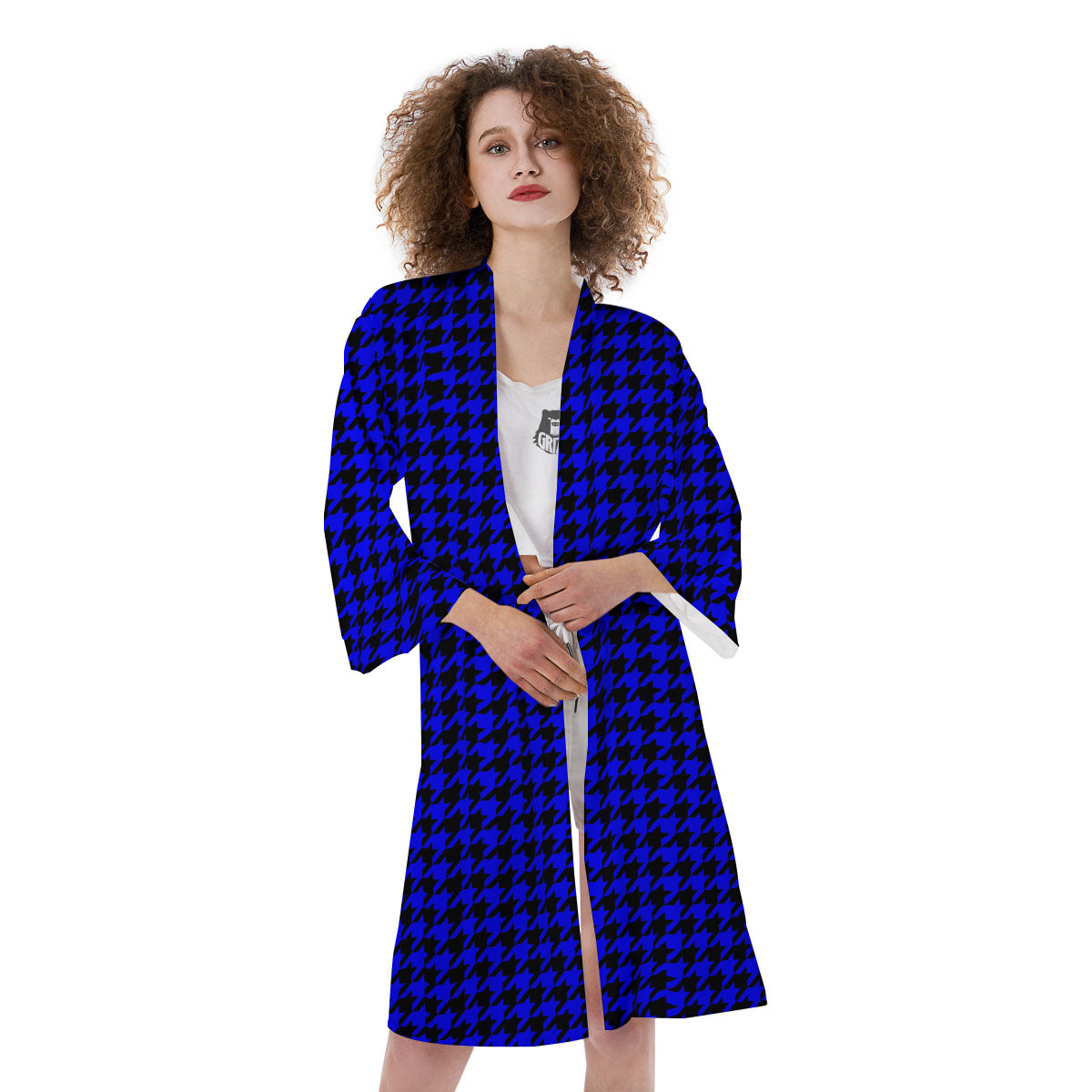 Houndstooth Black And Blue Print Pattern Kimono-grizzshop