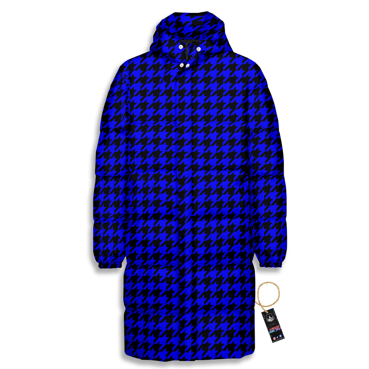 Houndstooth Black And Blue Print Pattern Long Down Jacket-grizzshop